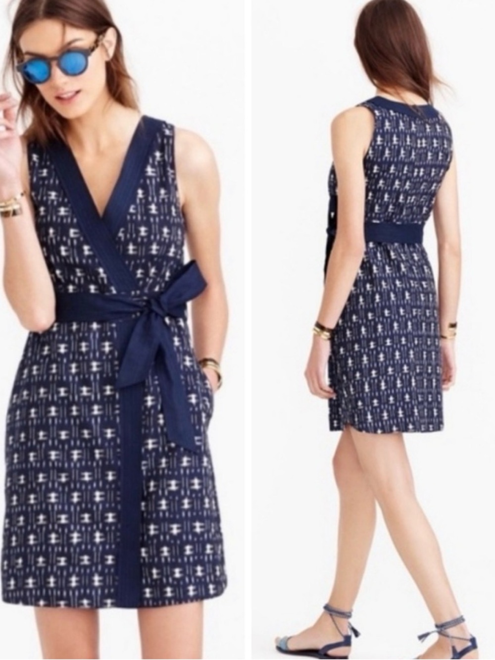 J. Crew Navy and Cream Sleeveless Wrap Dress with Self Tie